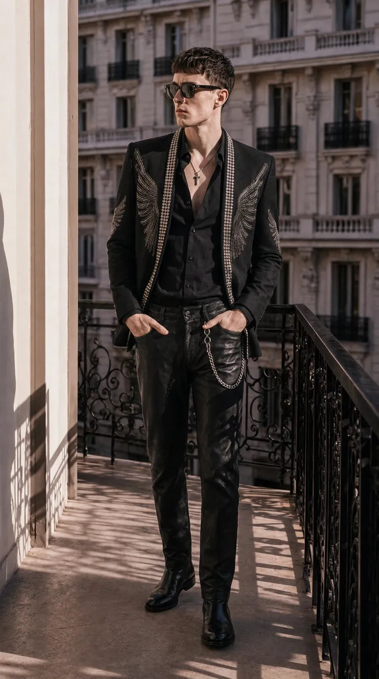 Midnight Aegis - Black & Silver Crystal Wing Dinner Jacket