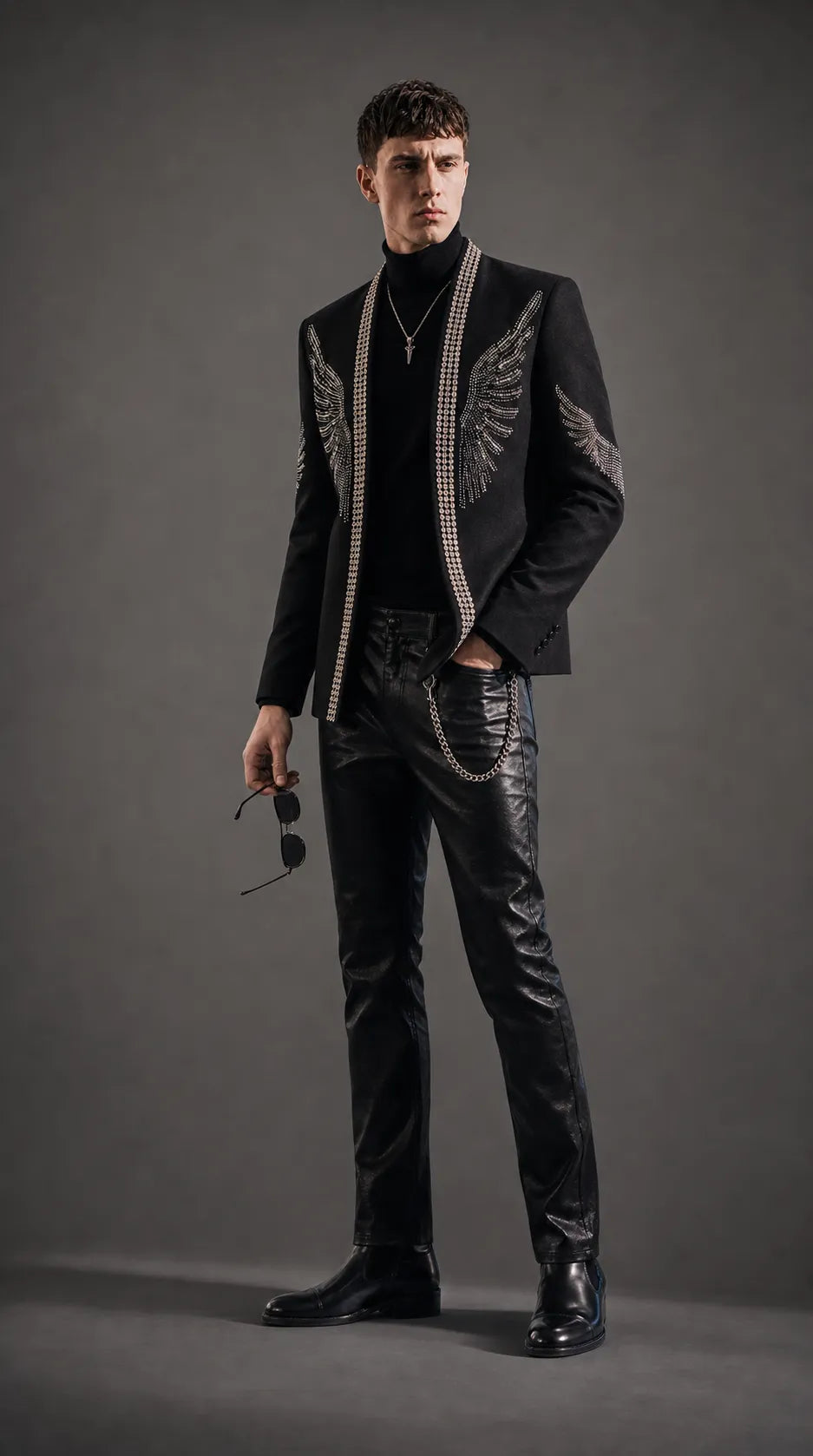 Midnight Aegis - Black & Silver Crystal Wing Dinner Jacket