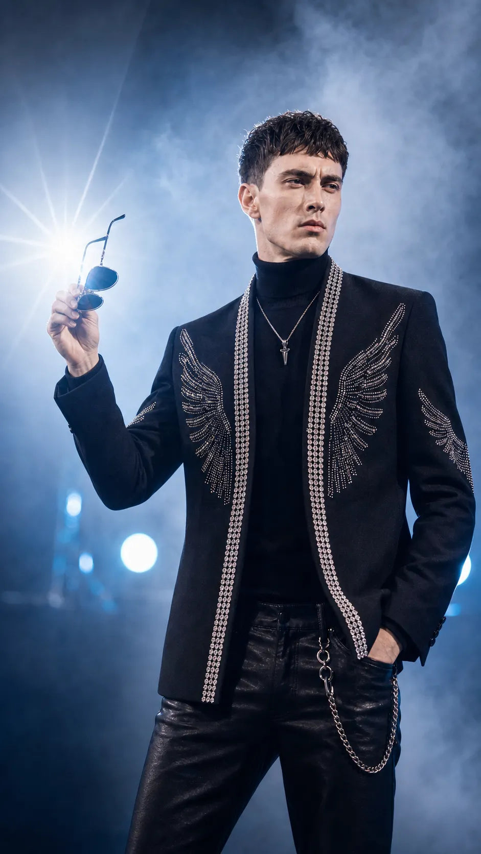 Midnight Aegis - Black & Silver Crystal Wing Dinner Jacket