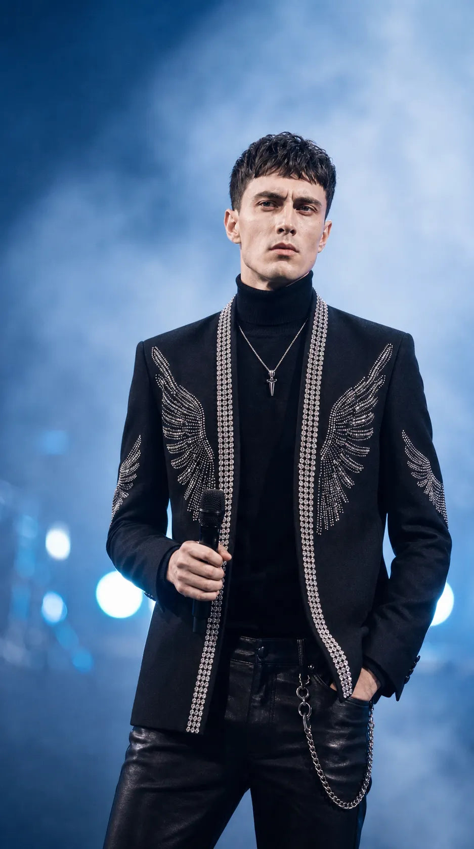 Midnight Aegis - Black & Silver Crystal Wing Dinner Jacket