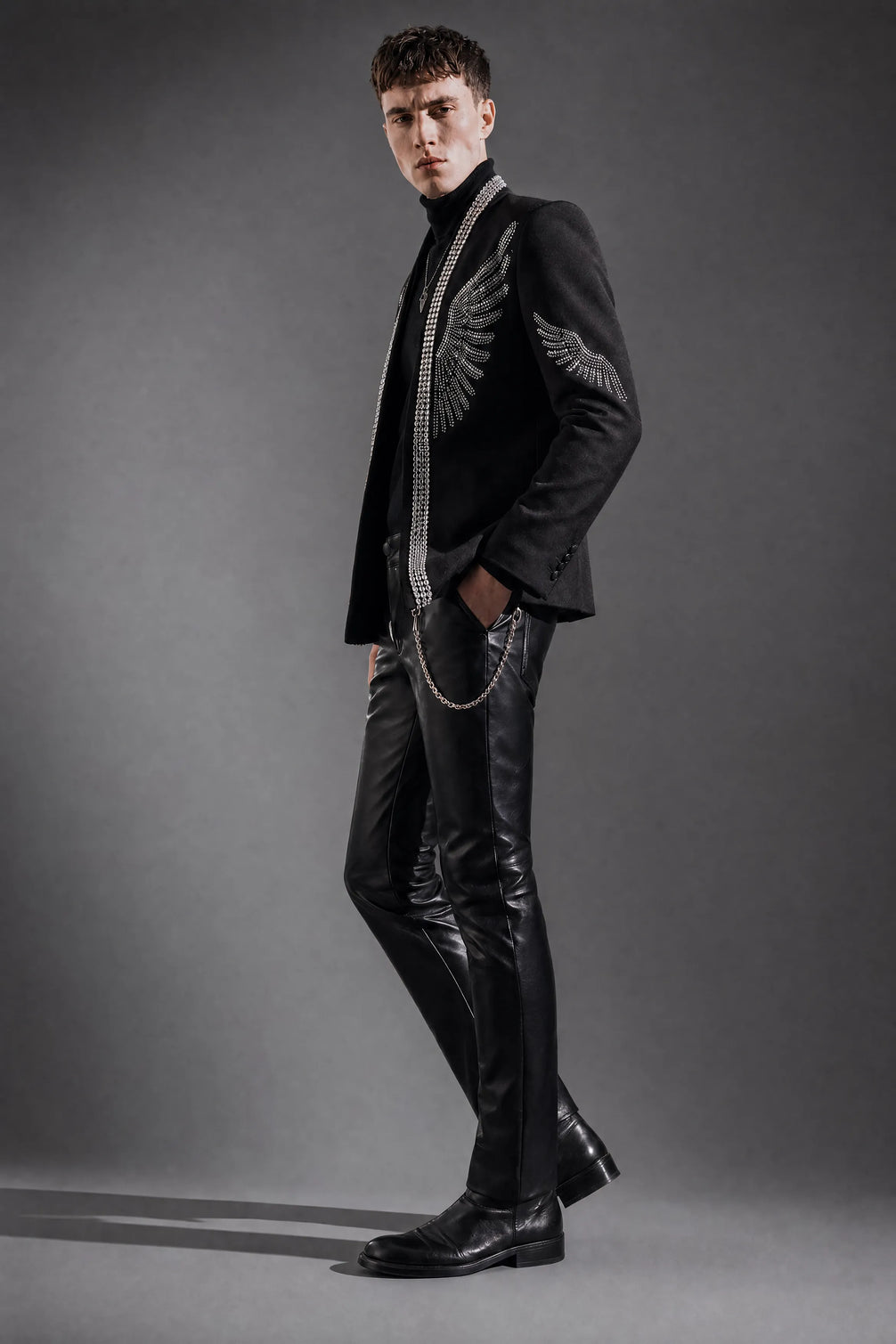 Midnight Aegis - Black & Silver Crystal Wing Dinner Jacket
