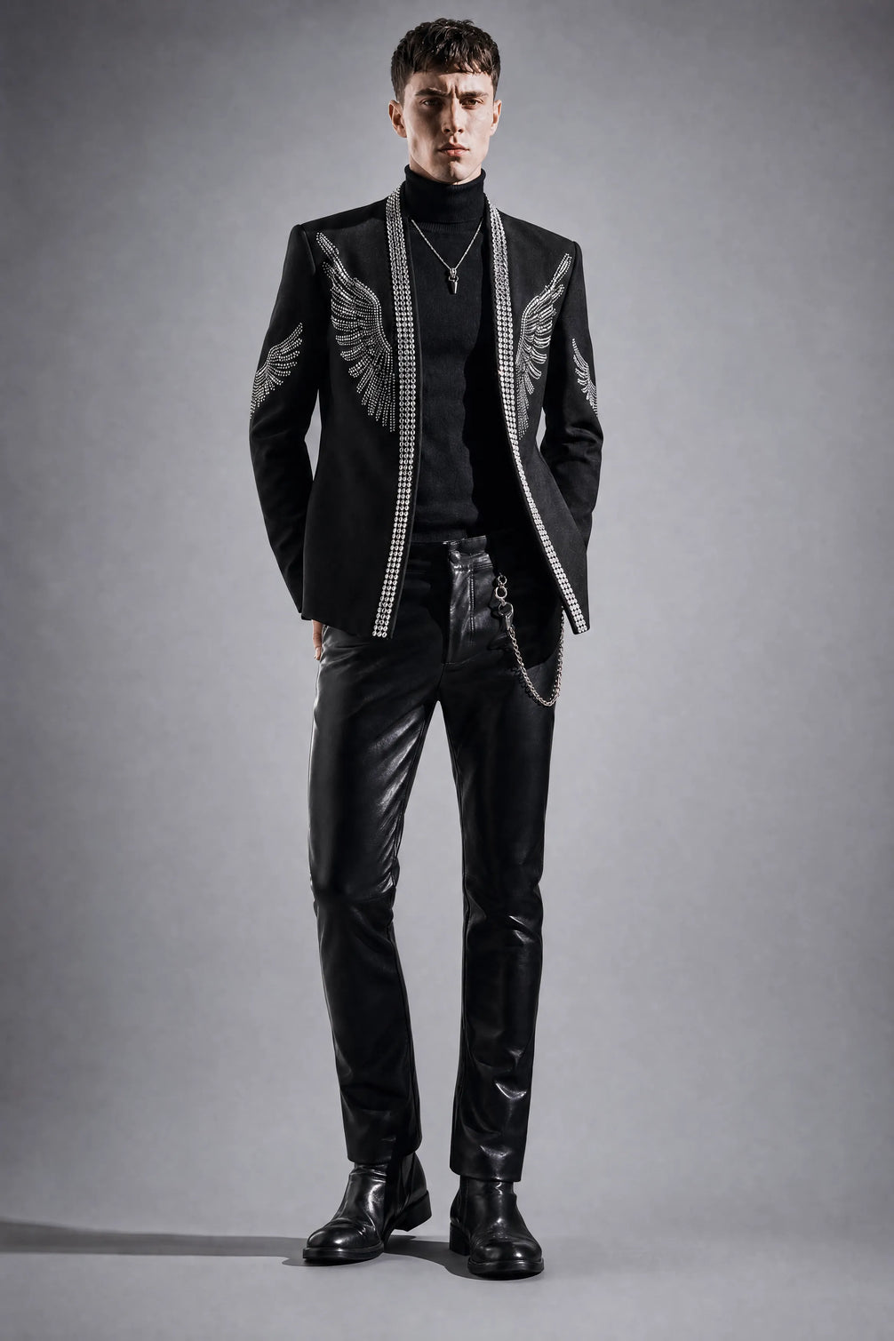 Midnight Aegis - Black & Silver Crystal Wing Dinner Jacket