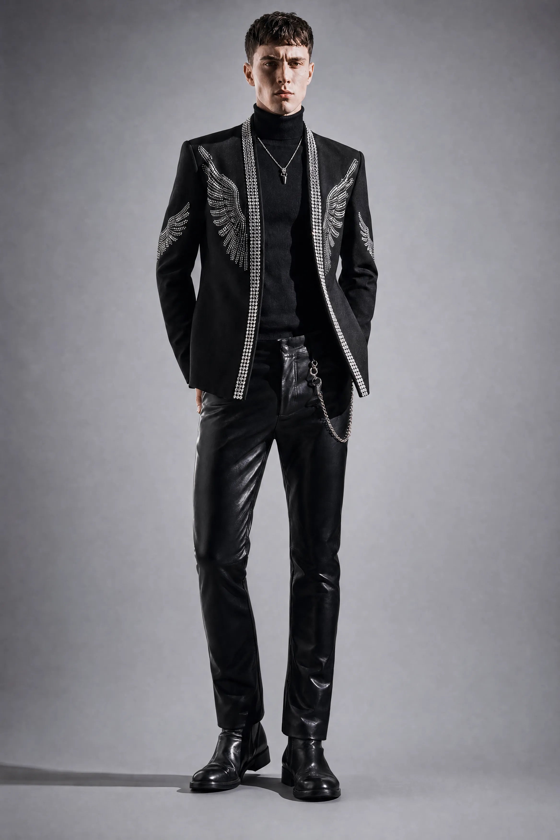 Midnight Aegis - Black & Silver Crystal Wing Dinner Jacket