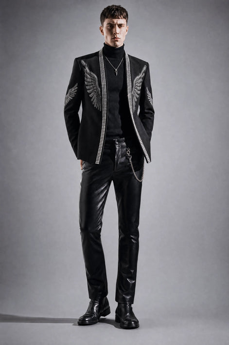 Midnight Aegis - Black & Silver Crystal Wing Dinner Jacket