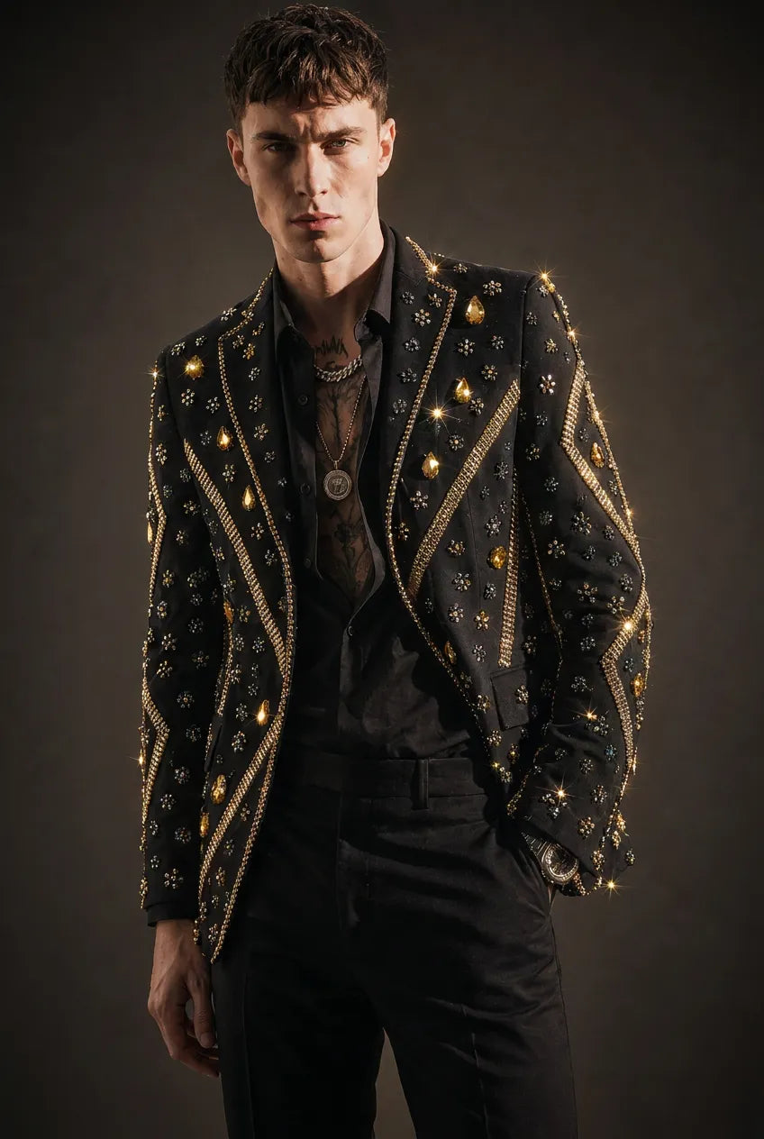 Citrine Aureole - Black & Amber Crystal Statement Blazer