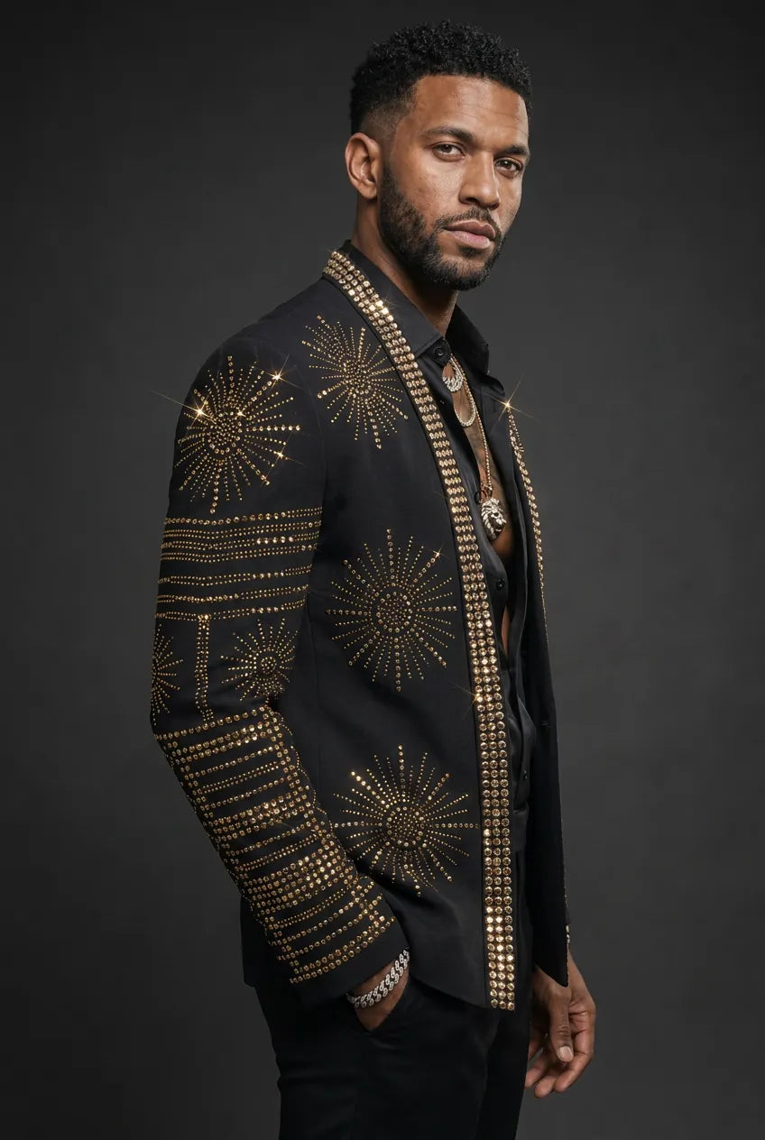 Aten Pharaoh black dinner jacket with gold sunburst crystal detailing - product view 02