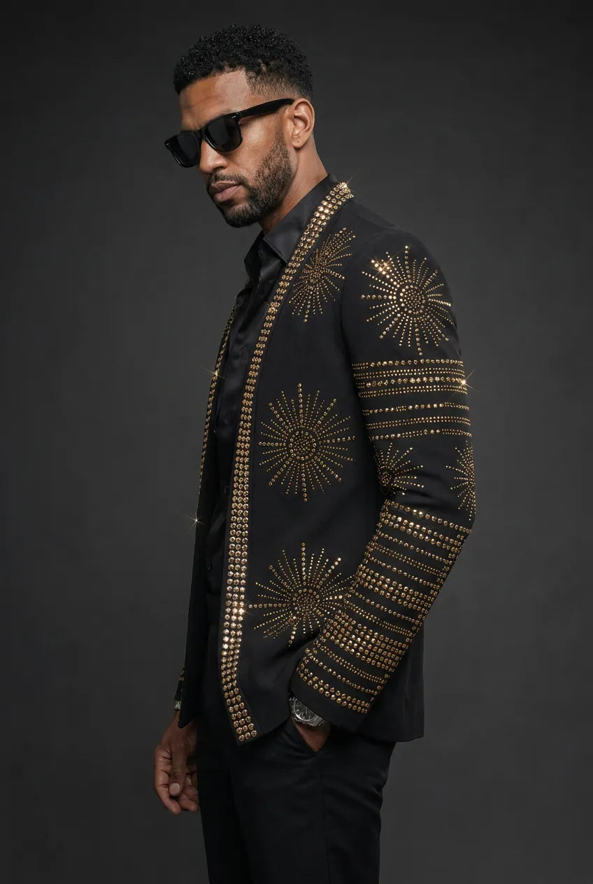 Aten Pharaoh black dinner jacket with gold sunburst crystal detailing - product view 06