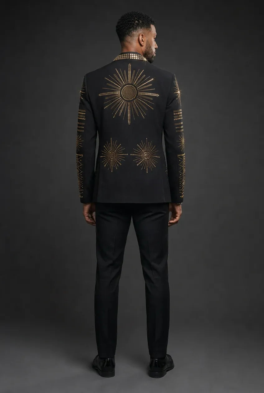 Aten Pharaoh black dinner jacket with gold sunburst crystal detailing - product view 08