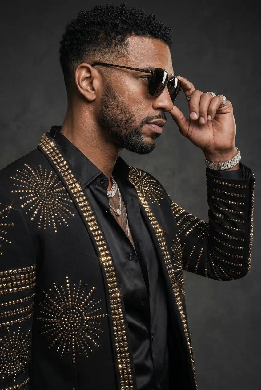 Aten Pharaoh black dinner jacket with gold sunburst crystal detailing - product view 05