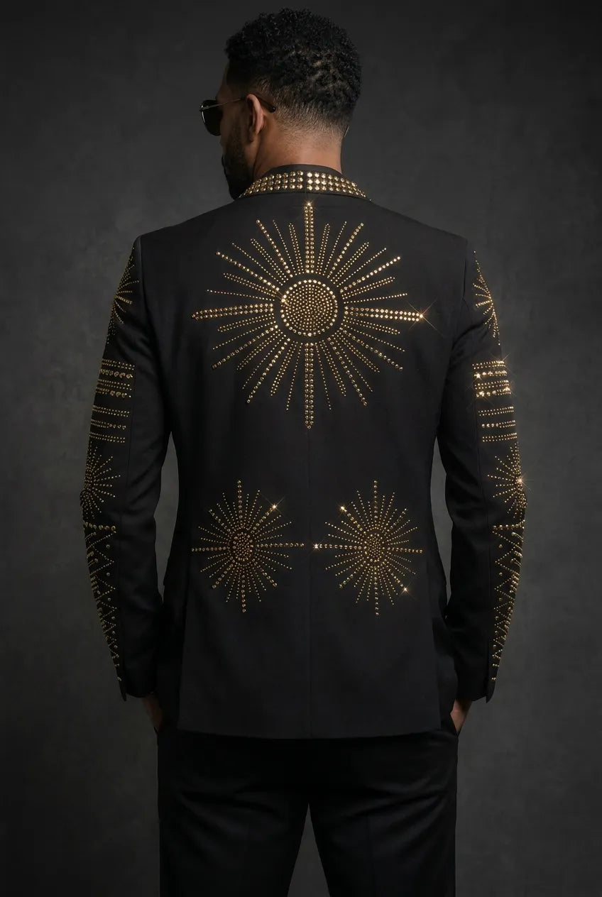 Aten Pharaoh black dinner jacket with gold sunburst crystal detailing - product view 03