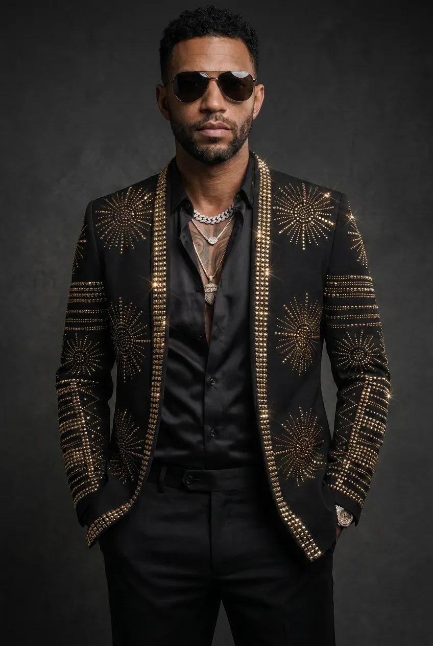 Aten Pharaoh black dinner jacket with gold sunburst crystal detailing - product view 04