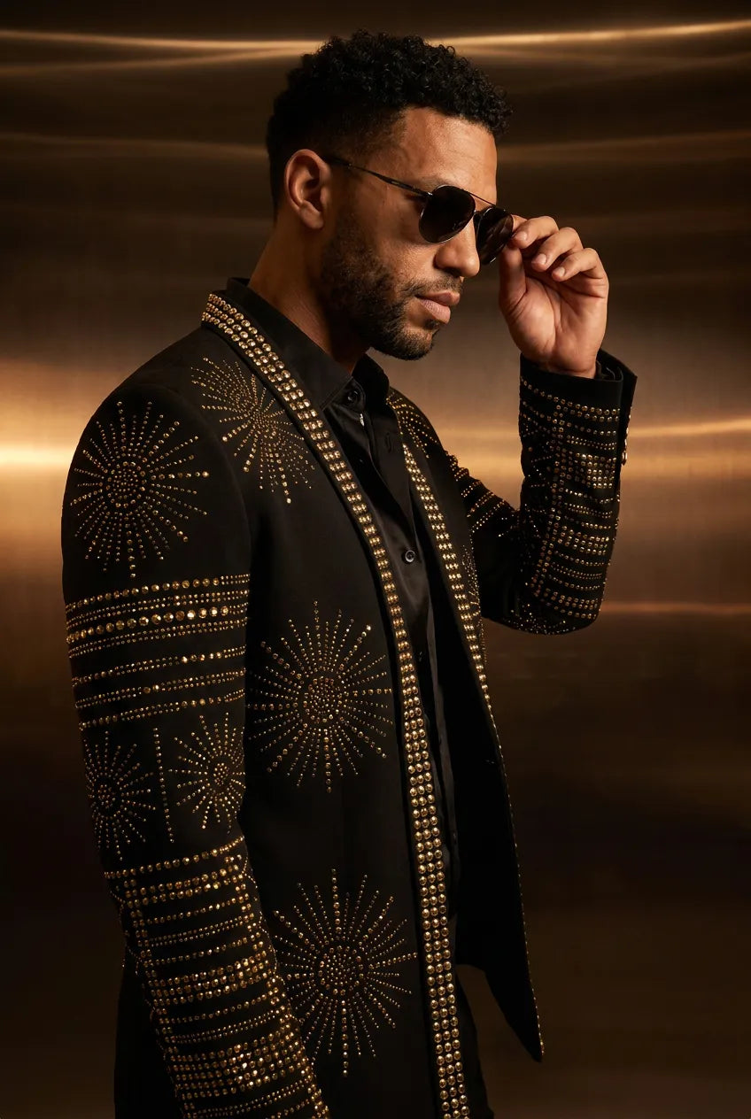 Aten Pharaoh black dinner jacket with gold sunburst crystal detailing - product view 10