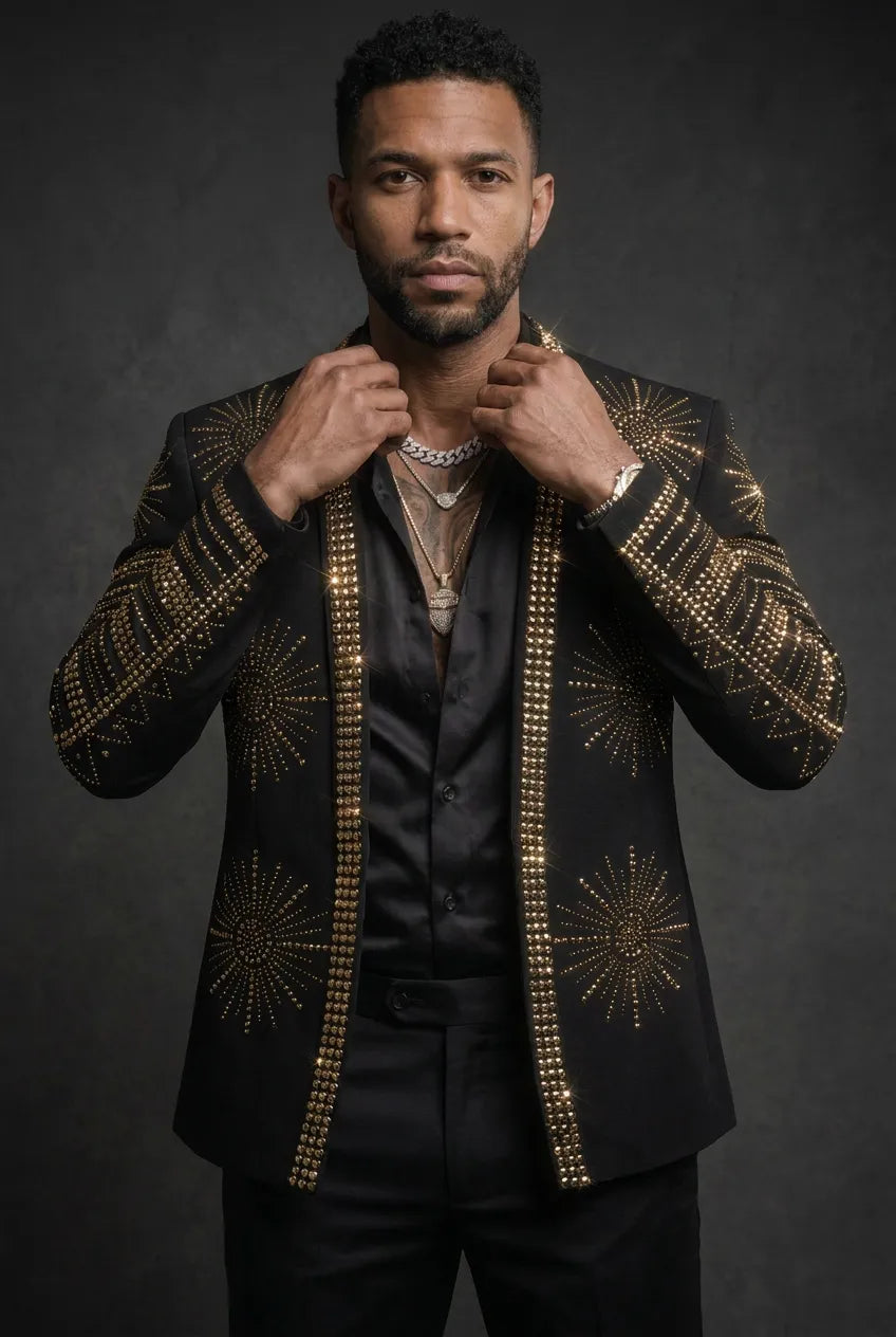 Aten Pharaoh black dinner jacket with gold sunburst crystal detailing - product view 07
