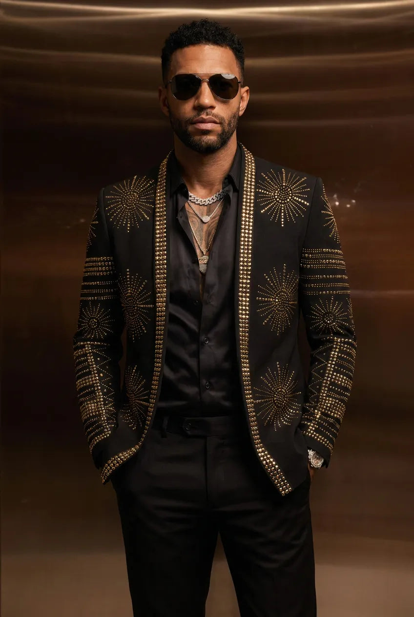 Aten Pharaoh black dinner jacket with gold sunburst crystal detailing - product view 09