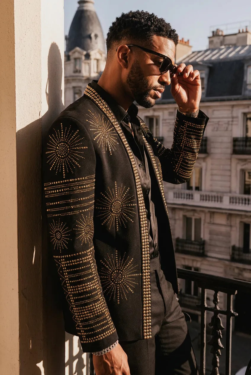 Aten Pharaoh black dinner jacket with gold sunburst crystal detailing - product view 20