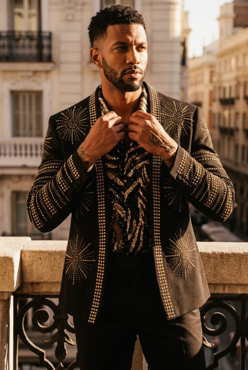 Aten Pharaoh black dinner jacket with gold sunburst crystal detailing - product view 19