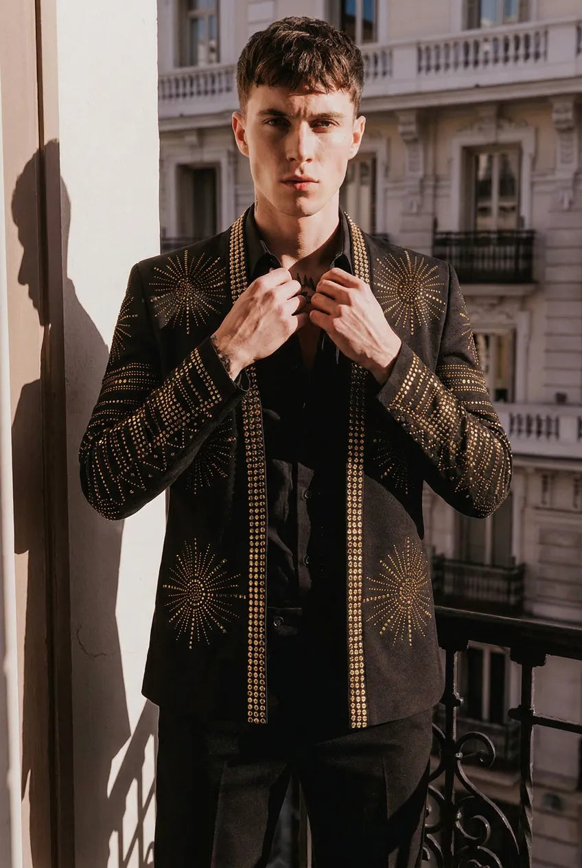 Aten Pharaoh black dinner jacket with gold sunburst crystal detailing - product view 23