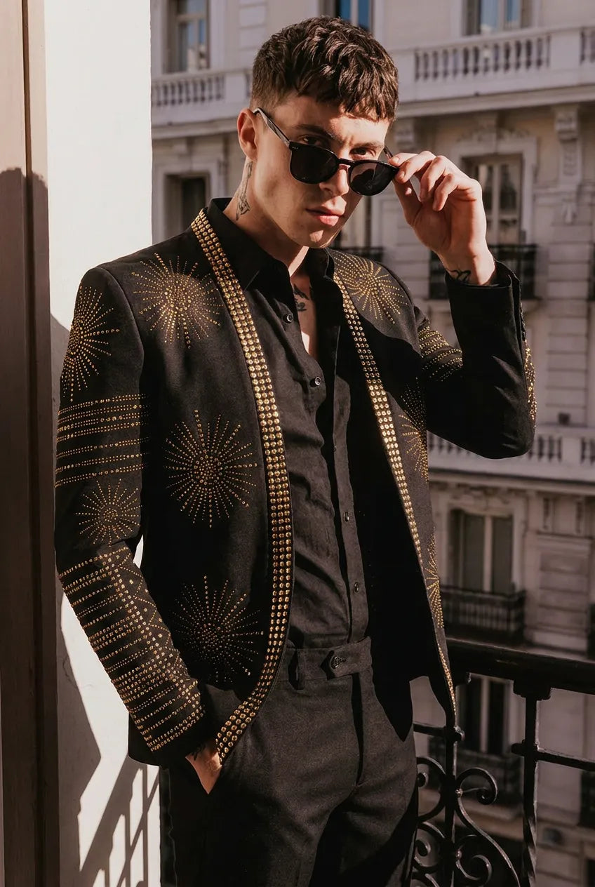 Aten Pharaoh black dinner jacket with gold sunburst crystal detailing - product view 22
