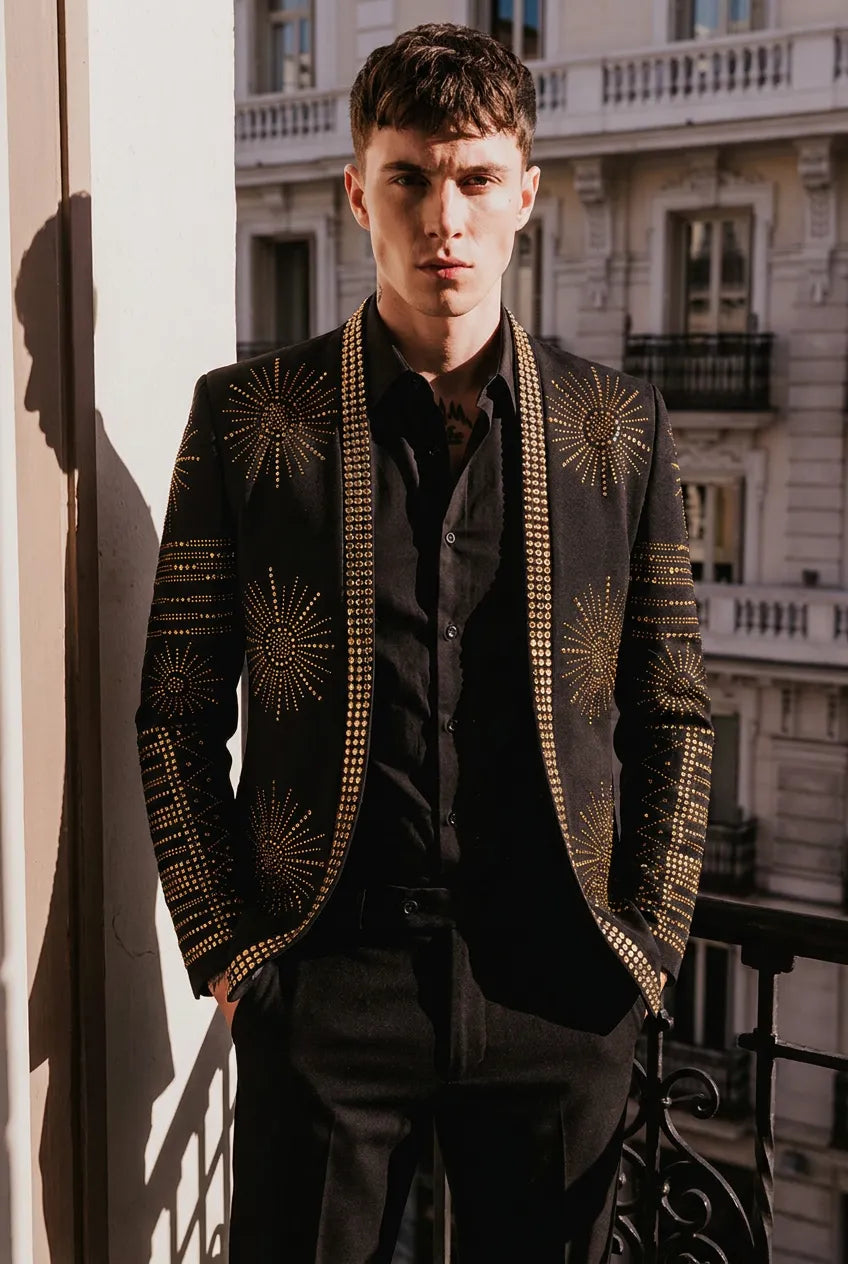 Aten Pharaoh black dinner jacket with gold sunburst crystal detailing - product view 21