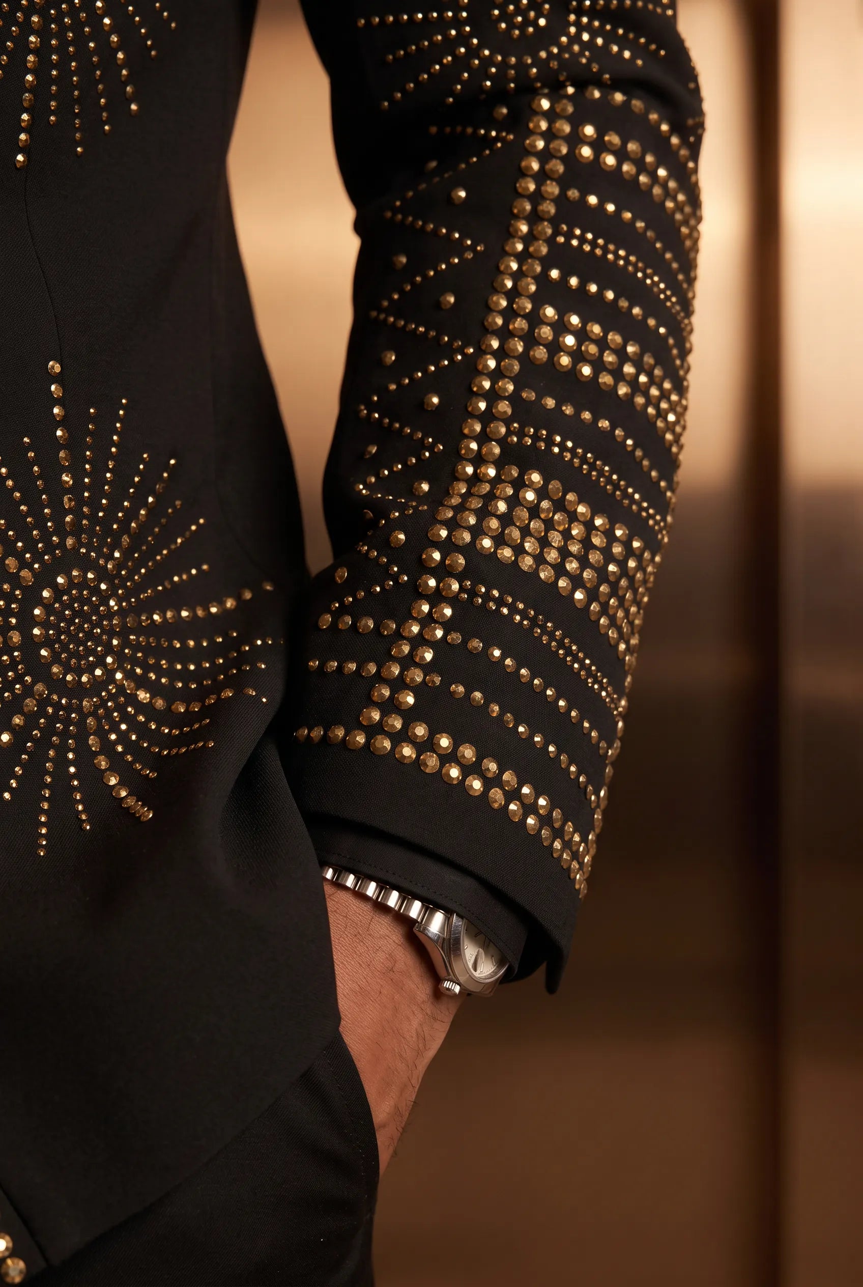 Aten Pharaoh black dinner jacket with gold sunburst crystal detailing - product view 17