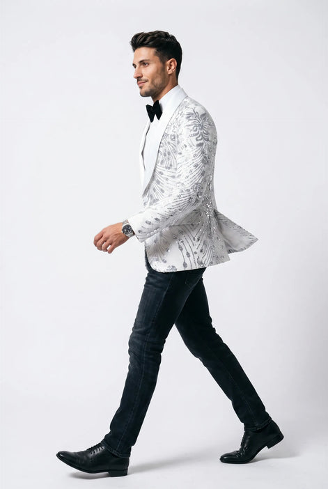 Selene Crest - White Plume Sequin Statement Jacket