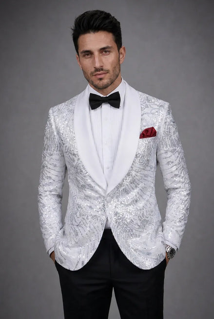 Selene Crest - White Plume Sequin Statement Jacket