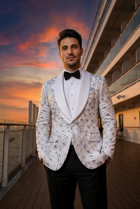 Selene Crest - White Plume Sequin Statement Jacket
