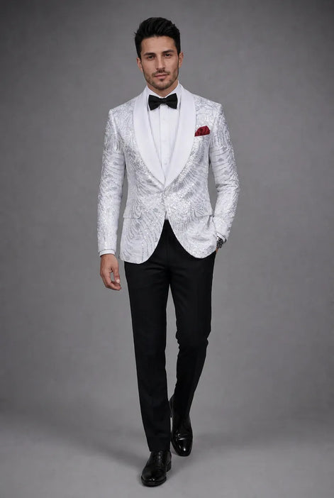 Selene Crest - White Plume Sequin Statement Jacket