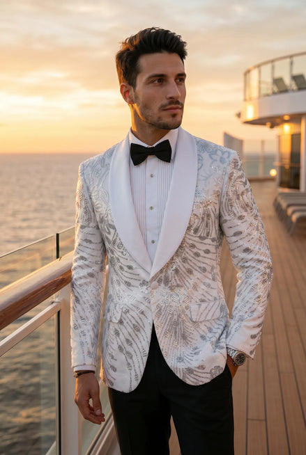 Selene Crest - White Plume Sequin Statement Jacket