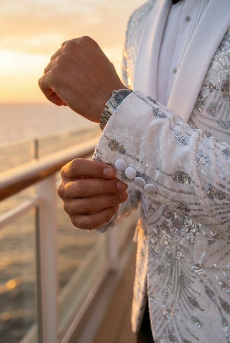 Selene Crest - White Plume Sequin Statement Jacket
