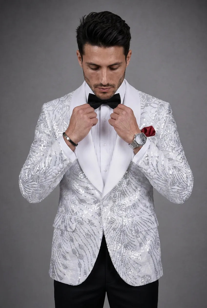 Selene Crest - White Plume Sequin Statement Jacket
