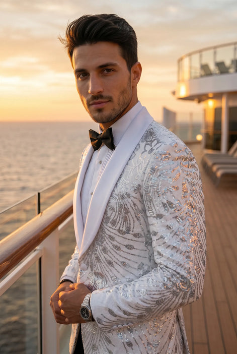 Selene Crest - White Plume Sequin Statement Jacket