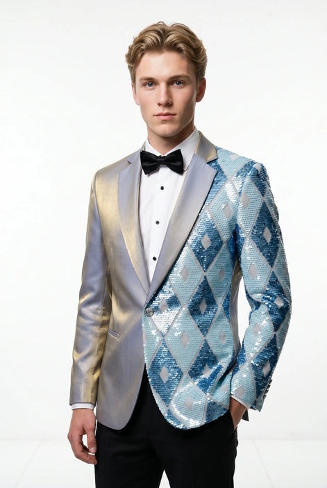 Astral Synthesis - Silver & Blue Asymmetric Sequin Statement Jacket