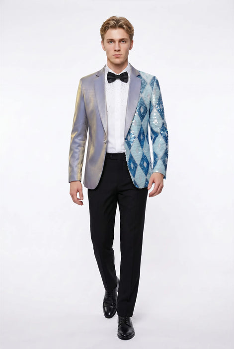 Astral Synthesis - Silver & Blue Asymmetric Sequin Statement Jacket