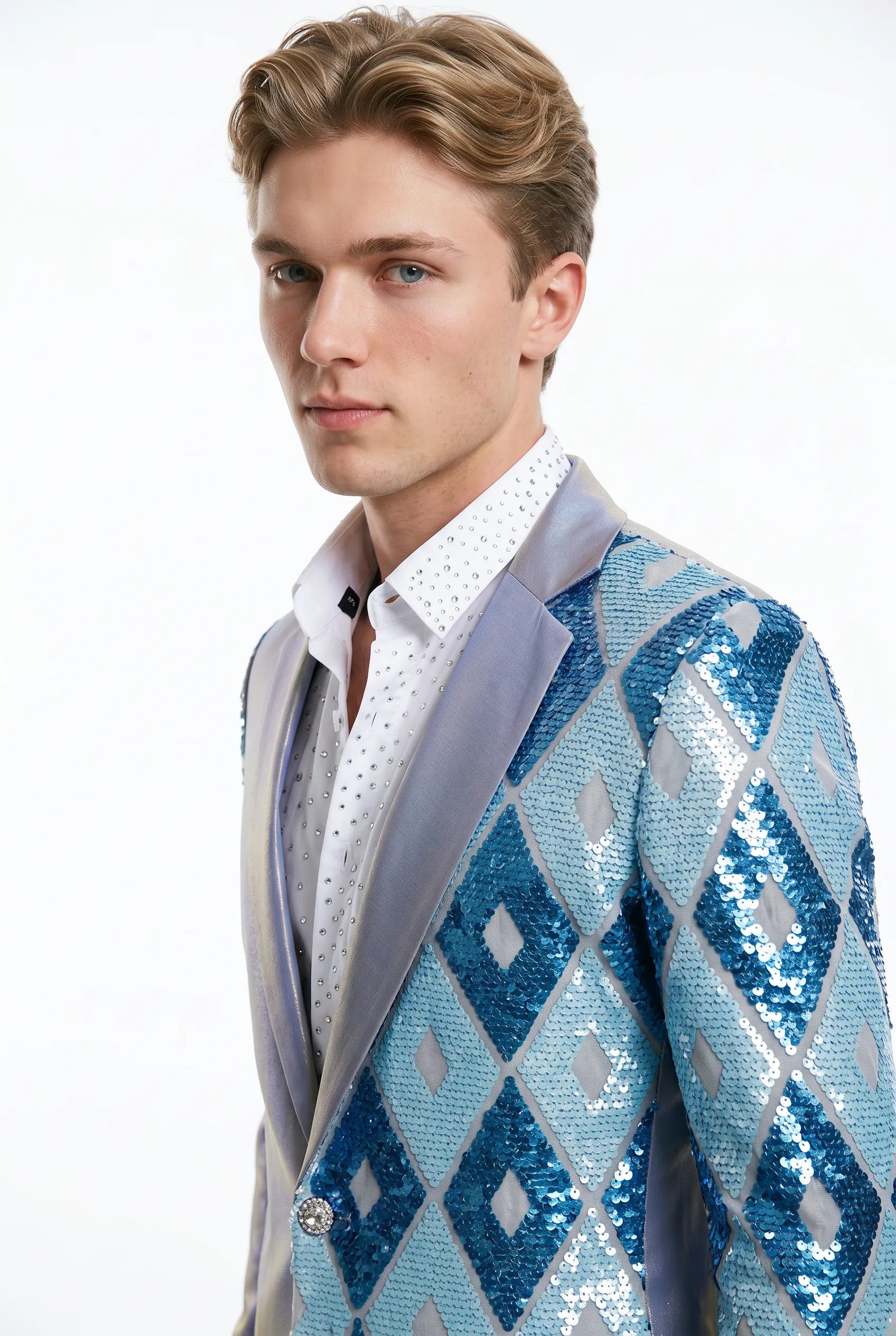 Astral Synthesis - Silver & Blue Asymmetric Sequin Statement Jacket