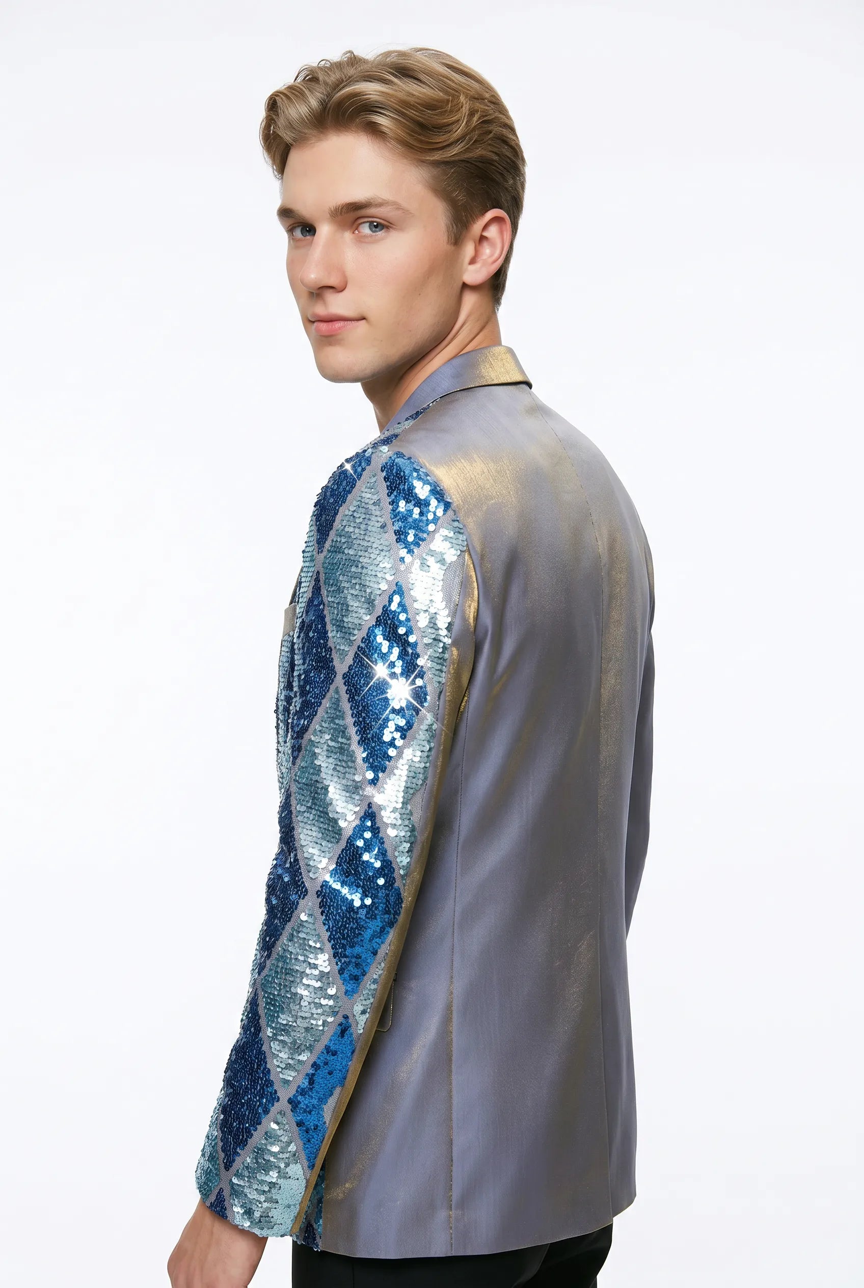 Astral Synthesis - Silver & Blue Asymmetric Sequin Statement Jacket