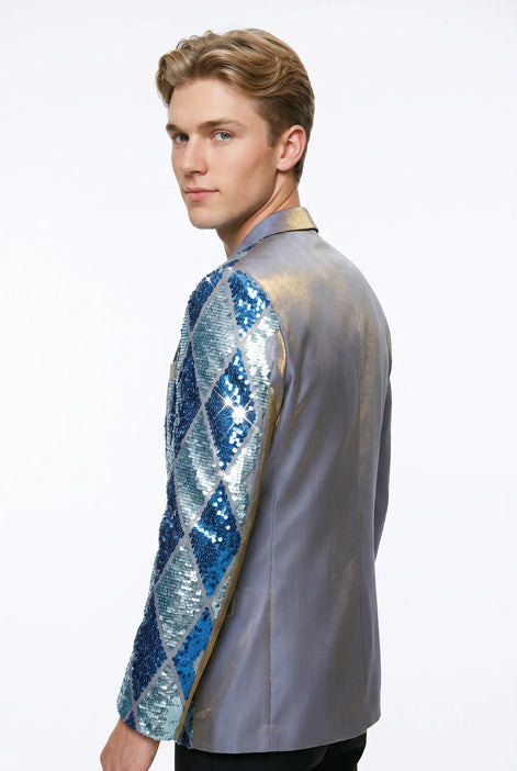 Astral Synthesis - Silver & Blue Asymmetric Sequin Statement Jacket