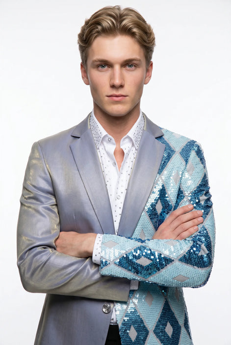 Astral Synthesis - Silver & Blue Asymmetric Sequin Statement Jacket