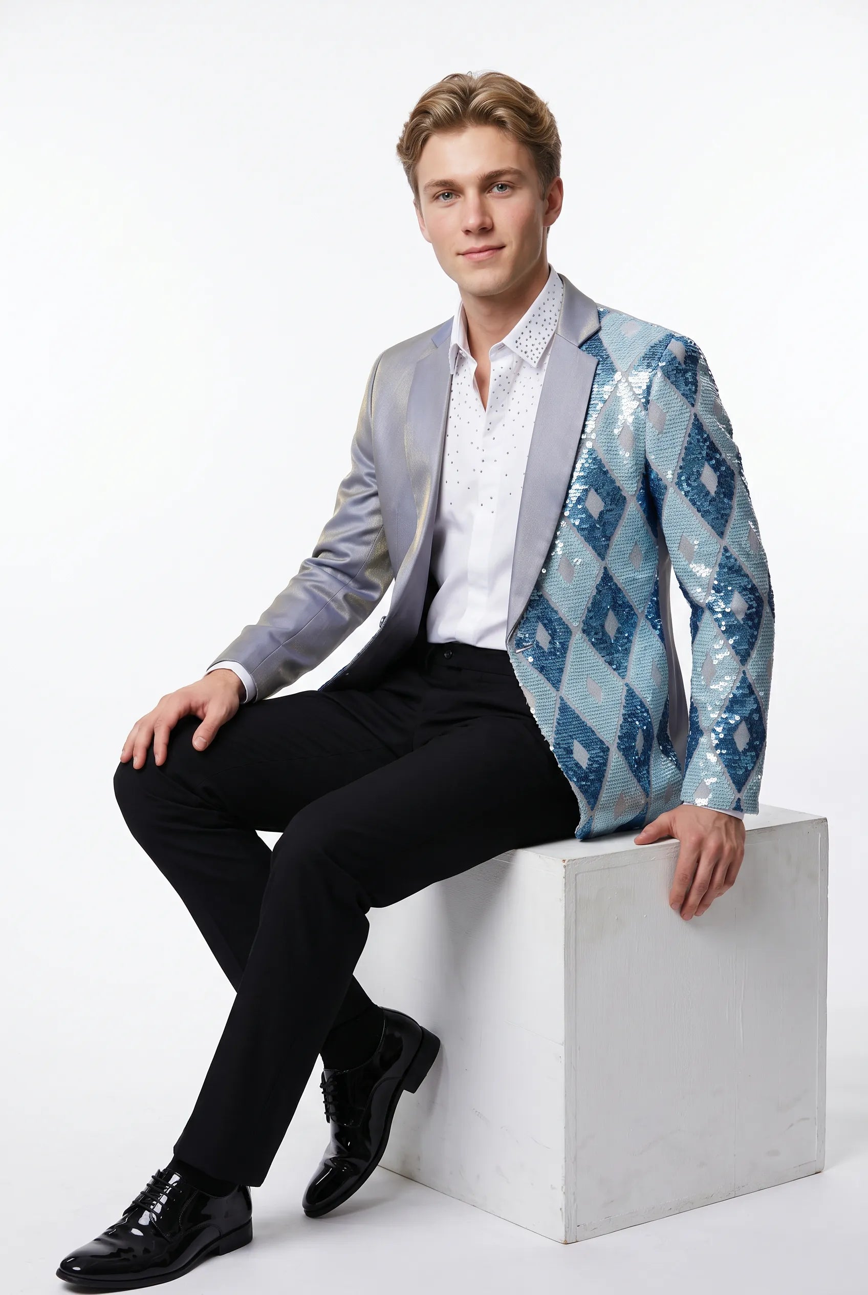 Astral Synthesis - Silver & Blue Asymmetric Sequin Statement Jacket