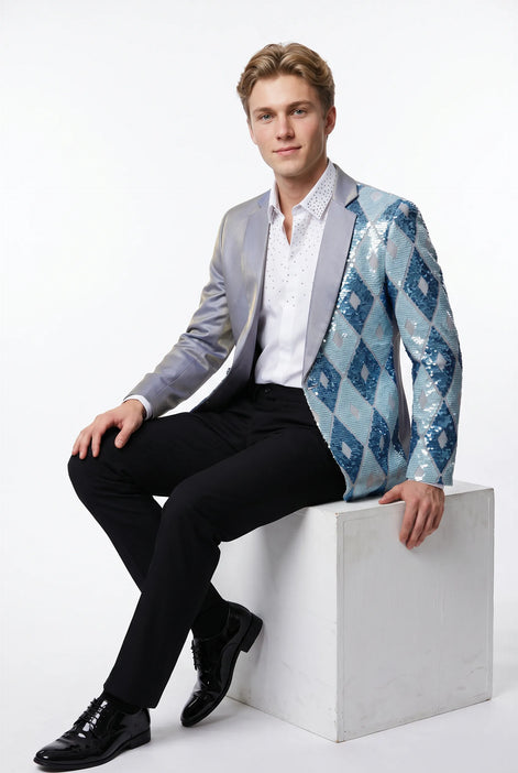 Astral Synthesis - Silver & Blue Asymmetric Sequin Statement Jacket
