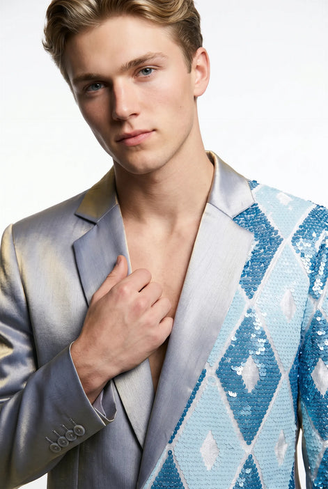 Astral Synthesis - Silver & Blue Asymmetric Sequin Statement Jacket
