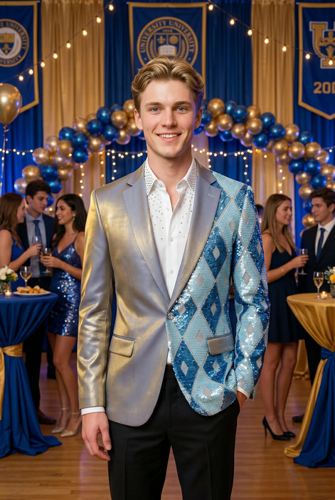 Astral Synthesis - Silver & Blue Asymmetric Sequin Statement Jacket