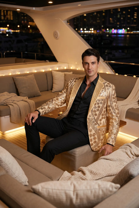 Aureum Solstice - Gold Diamond Lattice Sequin Statement Jacket