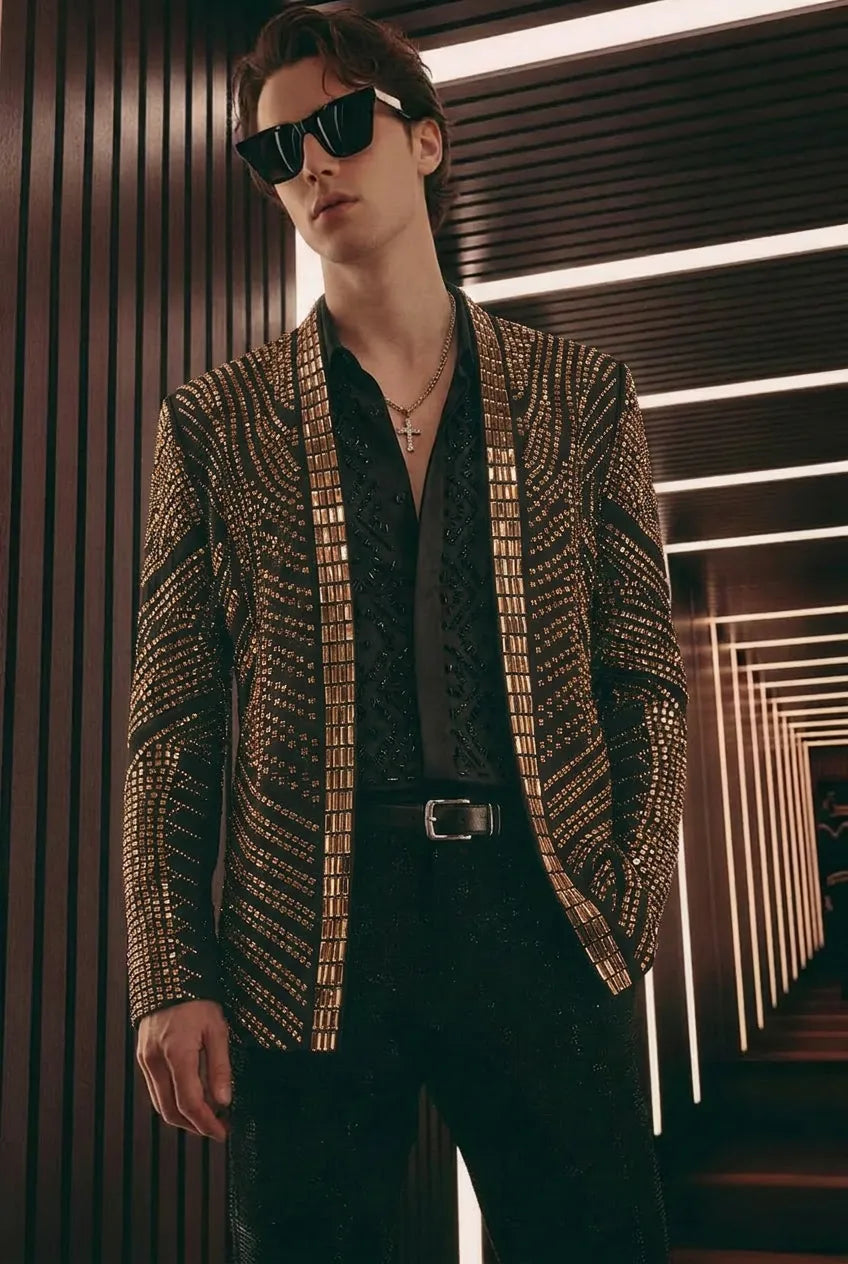 Gilded Pharaoh obsidian black and gold imperial crystal dinner jacket, product view 6