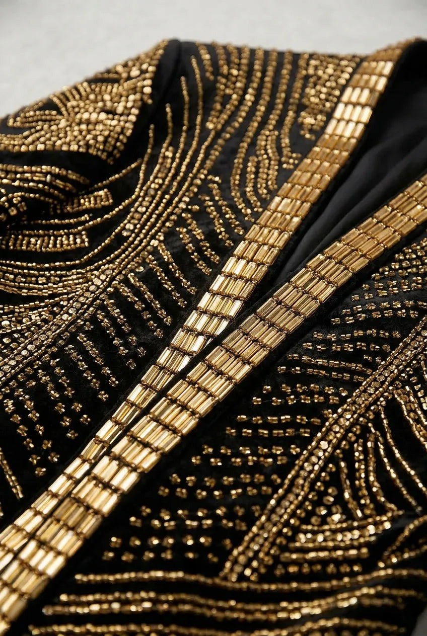 Gilded Pharaoh obsidian black and gold imperial crystal dinner jacket, product view 12