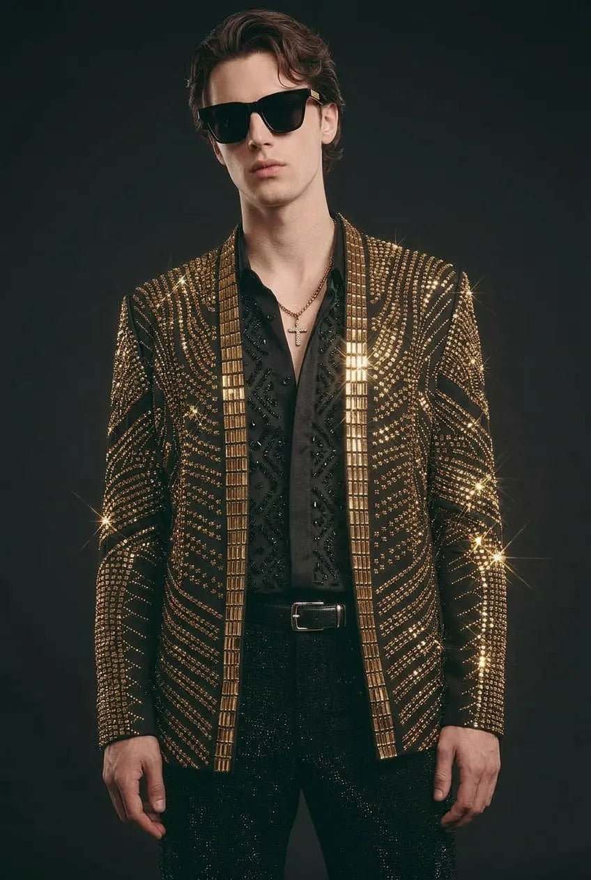 Gilded Pharaoh obsidian black and gold imperial crystal dinner jacket, product view 10