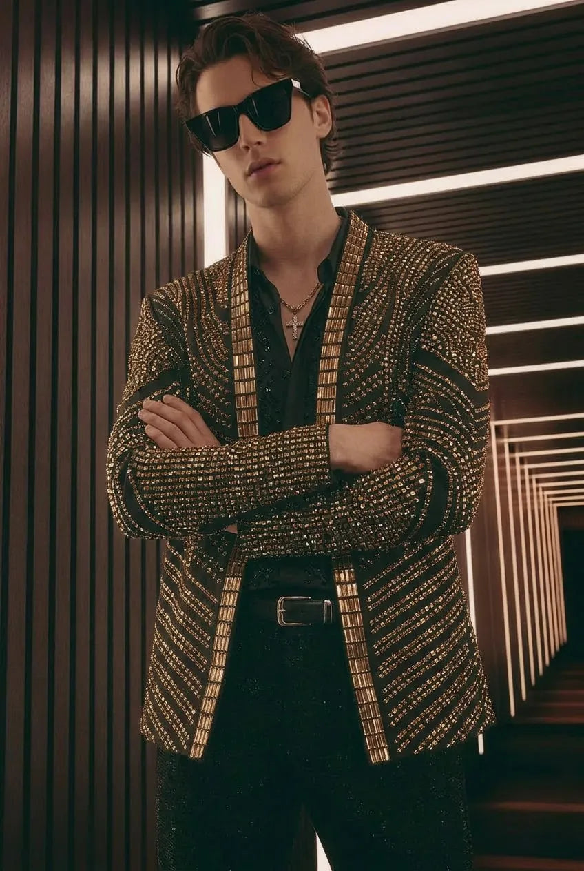 Gilded Pharaoh obsidian black and gold imperial crystal dinner jacket, product view 8
