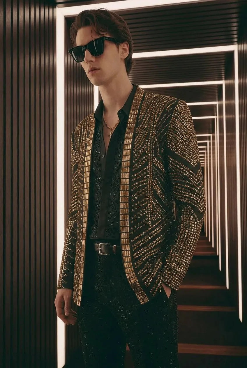 Gilded Pharaoh obsidian black and gold imperial crystal dinner jacket, product view 9