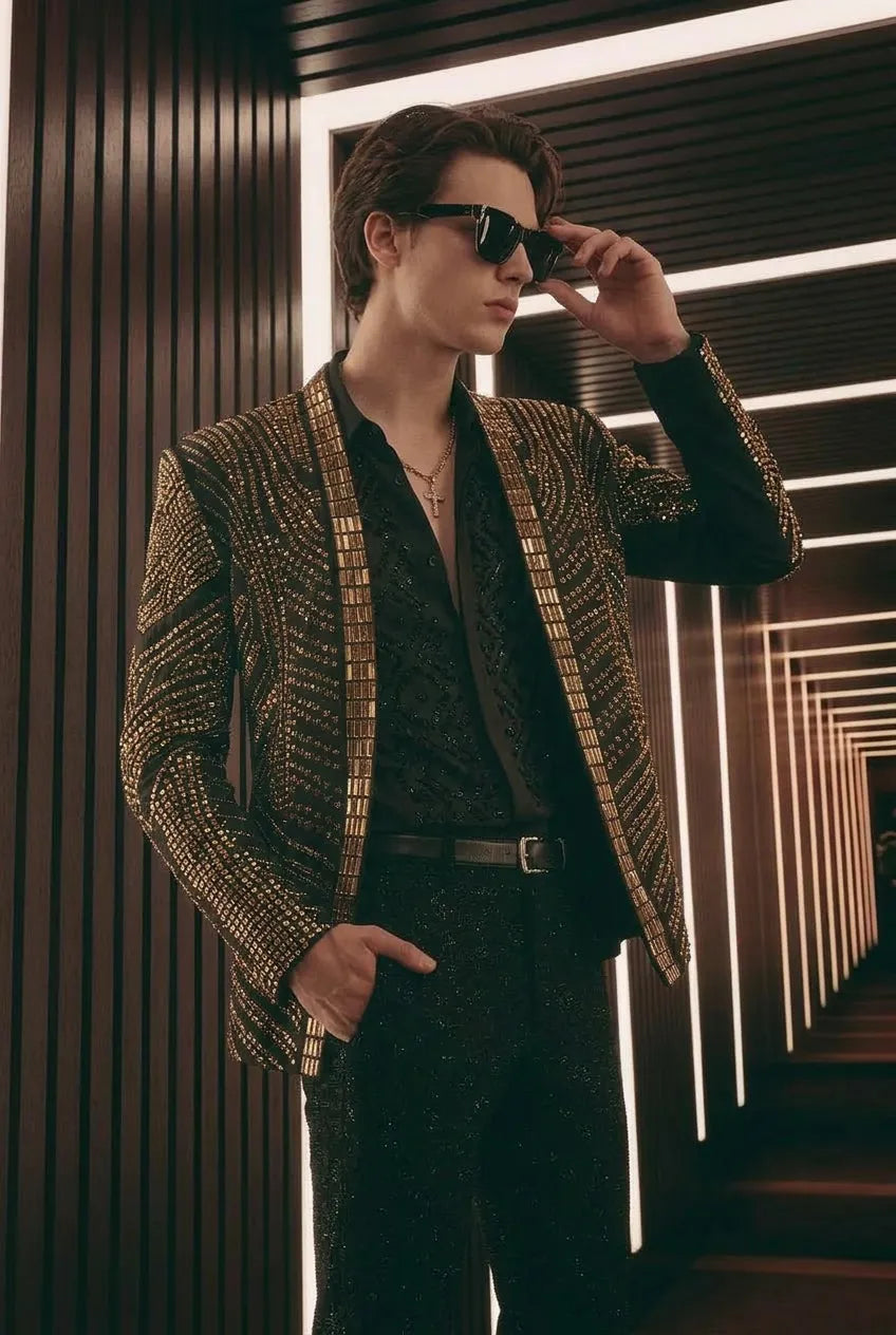 Gilded Pharaoh obsidian black and gold imperial crystal dinner jacket, product view 7