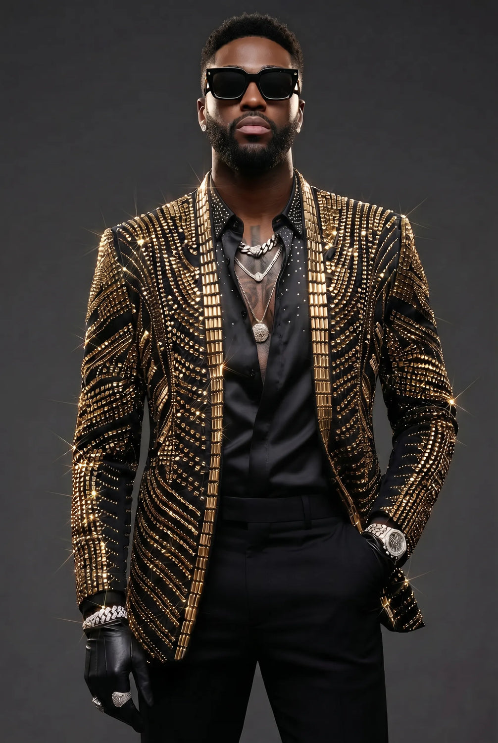 Gilded Pharaoh obsidian black and gold imperial crystal dinner jacket, product view 2